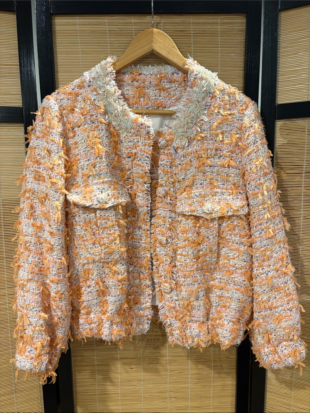 Textured Peach Tweed Fringe Jacket